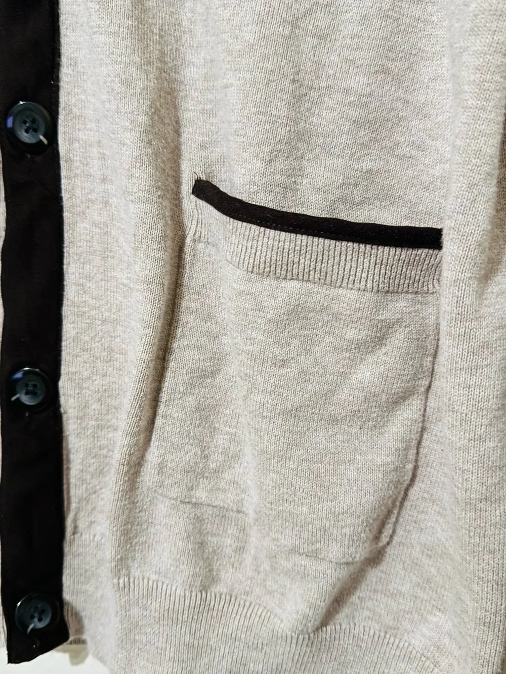 Tasso Elba Light Gray Cardigan with Black Trim with elbow patches